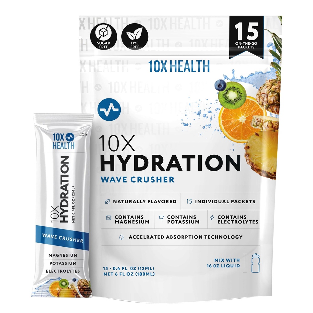 10X Health Hydration Packets Wave Crusher Electrolyte Drink Mix Liquid 15 Stickpacks με Κιτρικό μαγνήσιο, Νάτριο & Κάλιο - Φυσικό αρωματικό ηλεκτρολυτικό