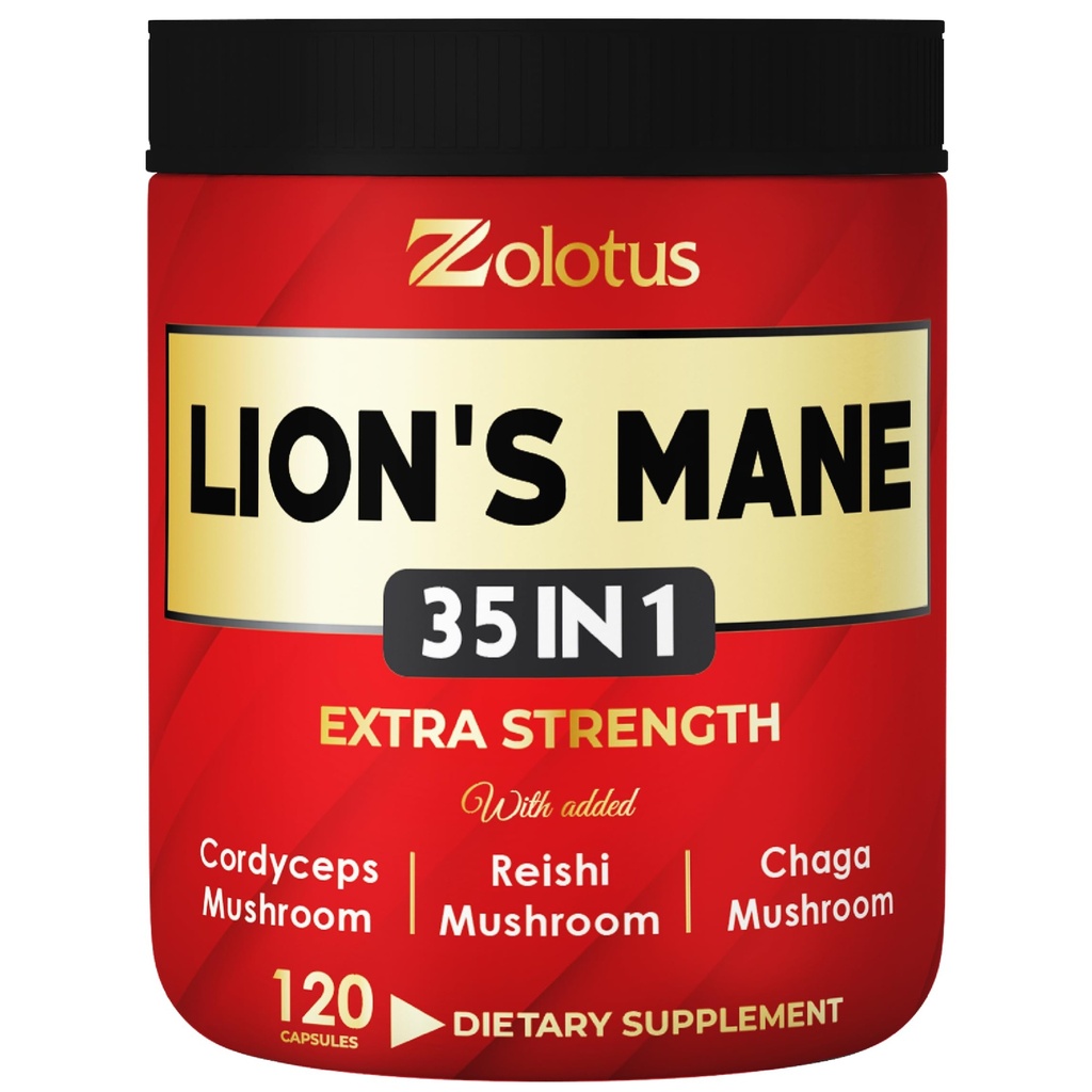 Zolotus 35 1 Lions Mane Mushroom Capsules Cordeyceps, Reishi, Elderberry, Ashwagandha, Panax Ginseng - 120