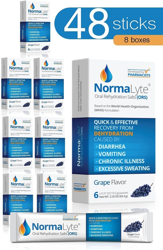 NormaLyte Oral Rehidrasyon Salts-48 Sticks Packs (Yields 500mL per Pack)-Grapes / Enerji Supplements, Pyum Tamam, Dehidr Recovery ve Hızlı Aborpsiyon