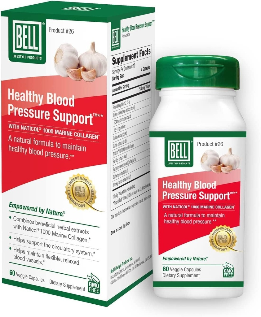 Bell Healthy Blood Pressure SupportTM Μοναδική ανάμειξη - Φυσικό μείγμα του εκχύλισμα πράσινου Coffee Bean, σκόρδο & σέλινο Συμπληρώματα εκχύλισμα- 60 κάψουλες, Vegan, μη ΓΤΟ
