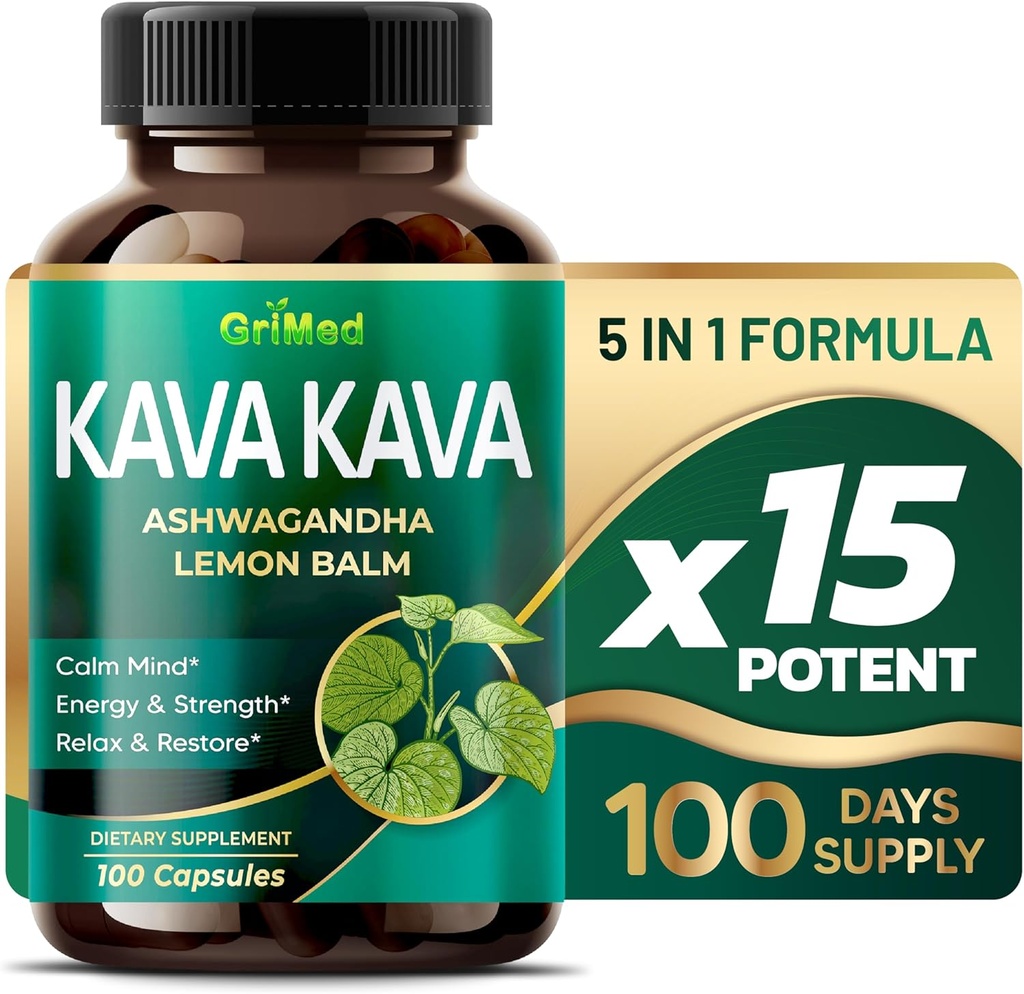 GriMed Kava Kava 19,700 mg - Ashwagandha Lemon Balm ile X 15 Güç - Güçlü, Rahat, geri yükleme, Calm - ABD'de Made in USA (100 Count (Pack of 1))