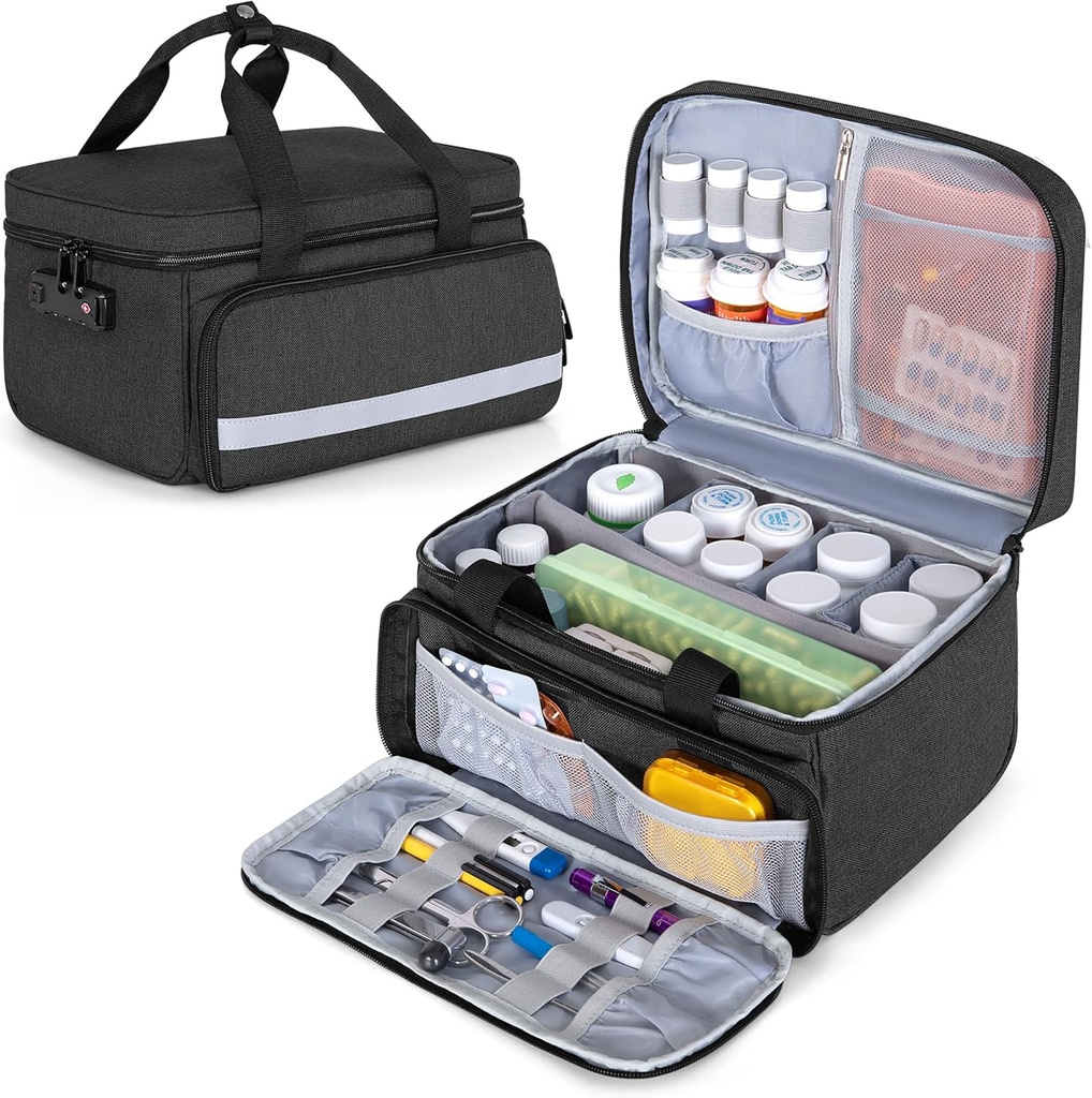 CURM Pill Şişe Organizecı Depolama, Pill Organizer ve Tıbbi Malzemeler için İlaç Kilit Kutusu, Black (Patented Design)