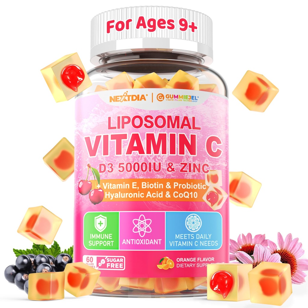 Liposomal Vitamin C 1000 mg + D3 5000IU + Çinko Gummies, Folate 80006 Chewable Supplement, Oldberry for Immune, Hyaluronic Acid, VE, Beauty, Energy & General Health, Sugar Free, Natural