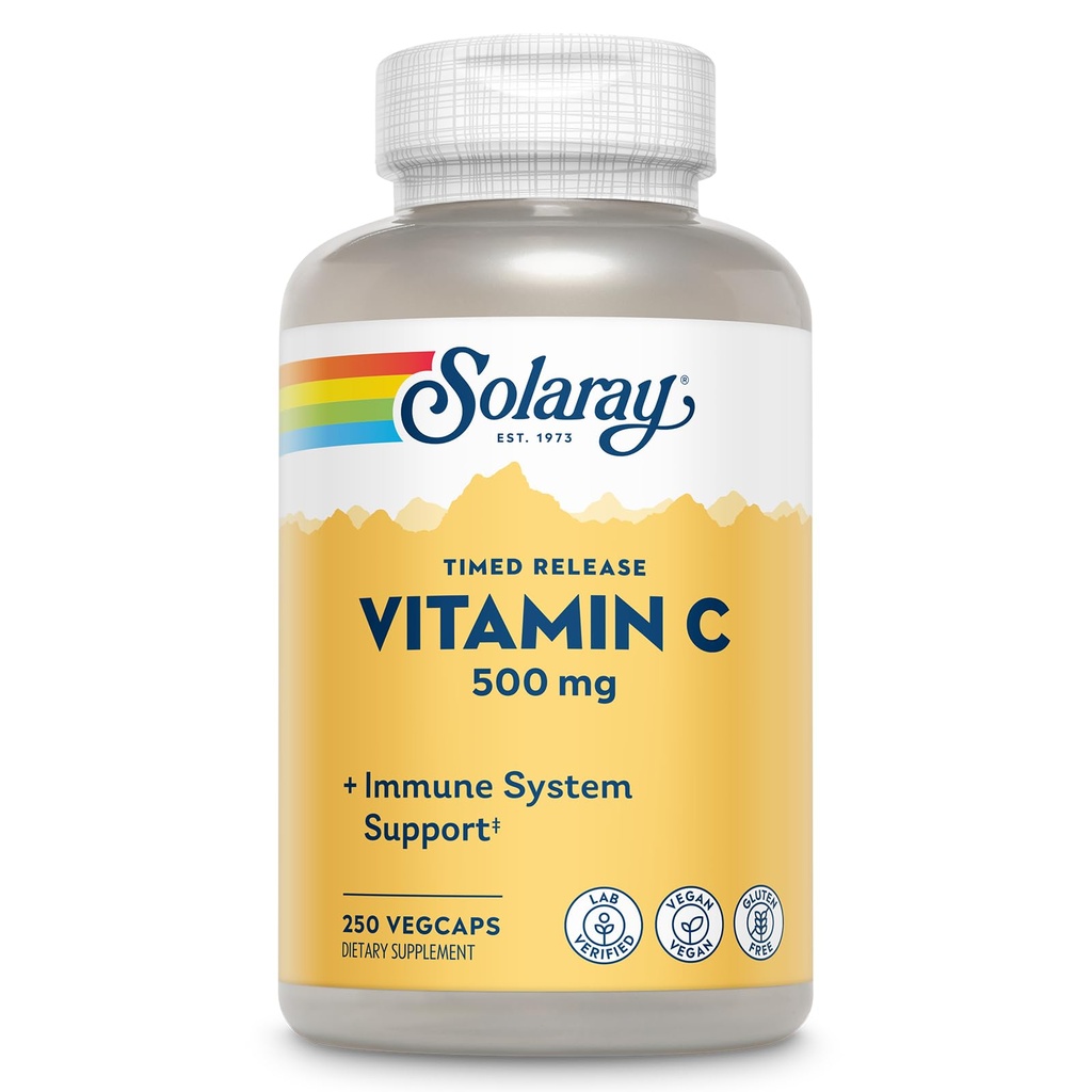 SOLARAY Vitamin C 500mg, Two-Stage Timed Release - Συμπλήρωμα Αντιοξειδωτικής και Ανοσολογικής Υποστήριξης - Βιταμίνη C με Rose HIPS και Acerola, Vegan, Χωρίς Γλουτένη, 60-Day Εγγύηση, 250 Μερίδες, 250 VegCaps