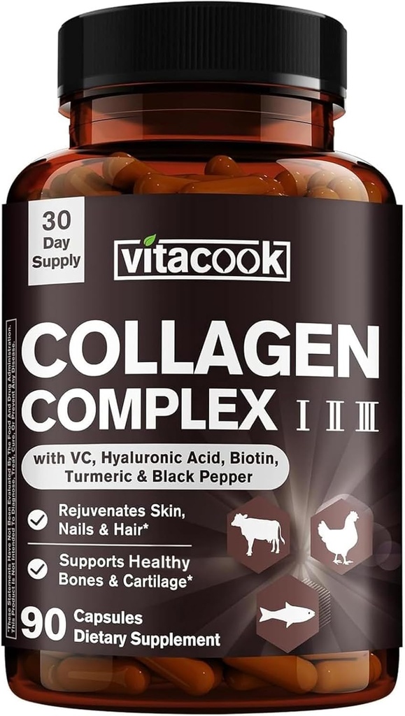 Collagen, Kompleksi, Tip I, II, III, 2025 MG, Hydrolyzed Multi Collagen, VC, Biotin, HA, Turmeric & Black Pepper, Skin, Hair, Nails, 90 Caps
