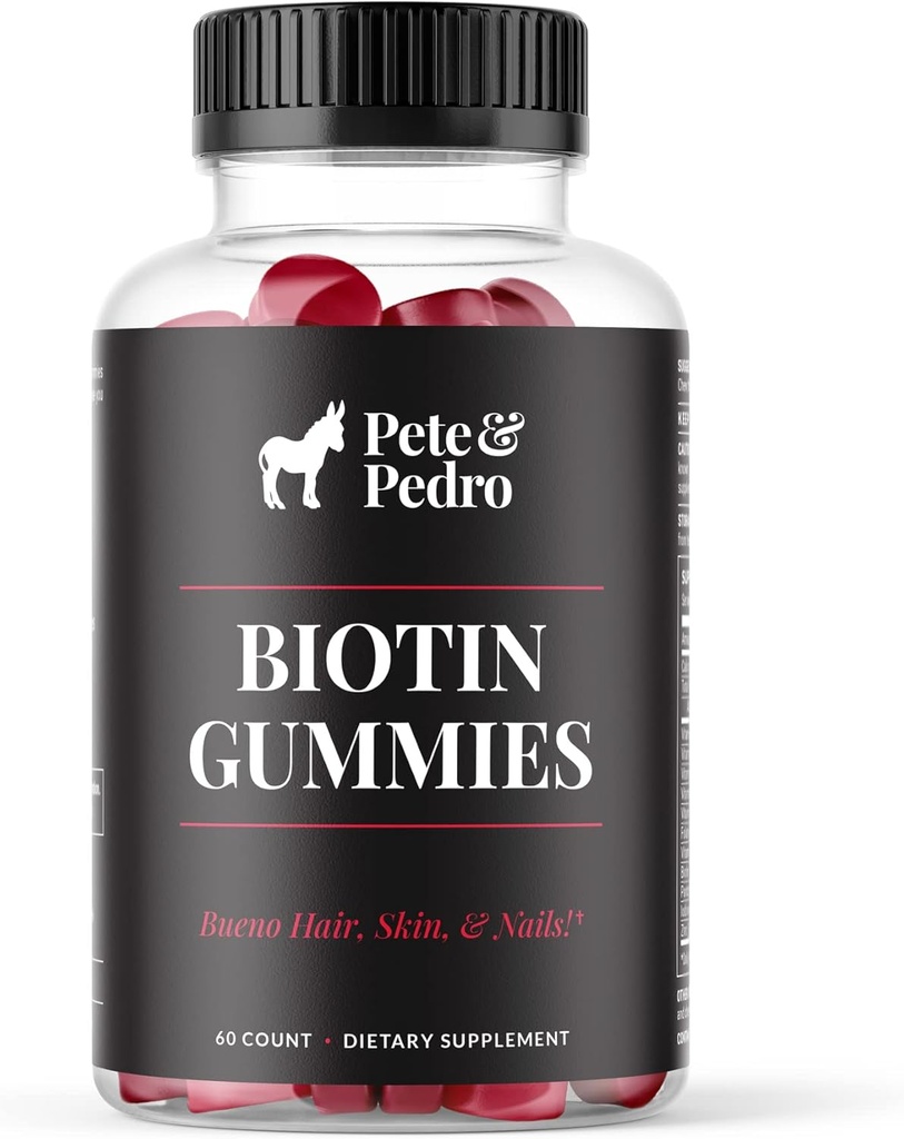 Pete & Pedro BIOTIN Saçlar için Gummies, Skin & Nails Kadınlar ve Erkekler için Büyüme | Hair Güçlü Skin, & Nails | Cherry Biotin Gummy 5000mcg Per | Seen on Shark Tank, 60 Counts