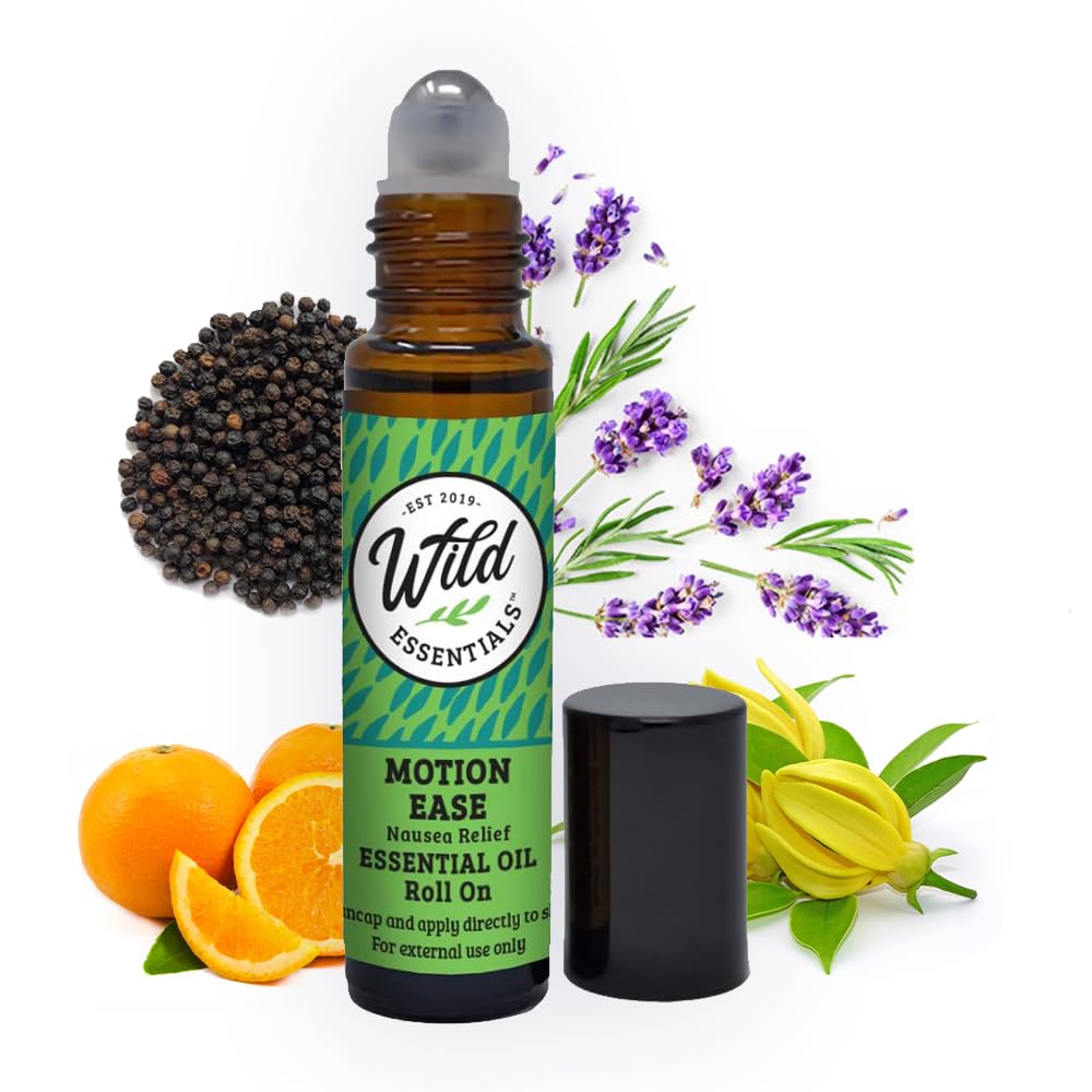 Vahşi Temeller Hareket Ease Essential Oil Roll On, 10 ml Hareket Hastalığı, Nausea, Upset Stomach, Vertigo, Dizzy, Seasick, Carsick, Organik Jojoba Oil ile Yap, Kullanımı Hazır, Moisturizer, All