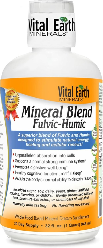 Vital Earth Minerals Fulvic Humic Mineral Plastik - 70+ Trace Mineralleri ile Fulvic asit Supplement with 70+ Trace Minerals, Electrolytes for Recovery, Balance & Energy, 32 Oz + 1 Oz Cup