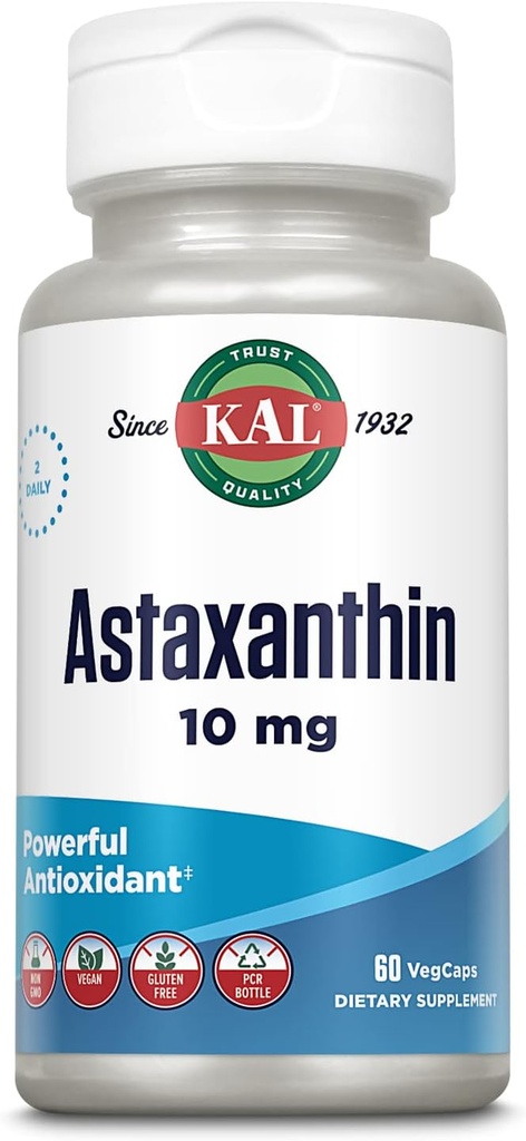 KAL Astaxanthin 10 mg, Güçlü Antioksis Supplement, Eye Health and Brain Supplement, From Natural Plant Source, Non-GMO, Vegan, Gluten Free, 30 Hizmet, 60 VegCaps
