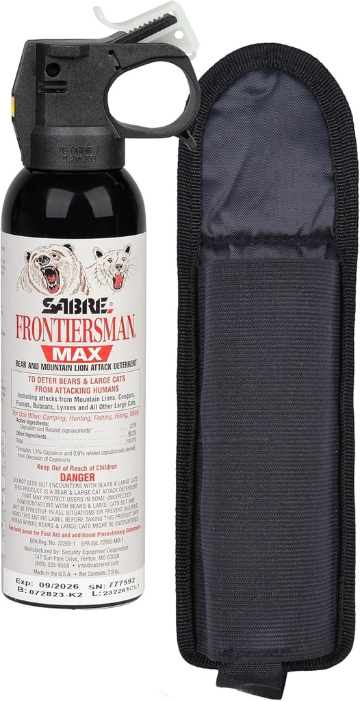 SABRE Frontiersman MAX Bear Spray – 40 ft Range, maksimum Güçlü, Ayılar ve Dağ Aslanları için Sadece EPAlı Kombinasyon, 7.9 oz, Glow Güvenlik Filmi, Açık Hiking & Camping Protection