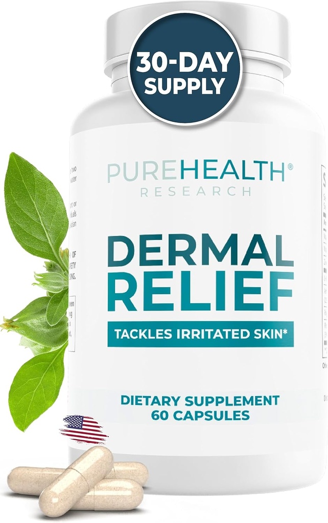 PUREHEALTHTH Dermal Relief Supplements - Irritated Skin, Eczema ve Dermatitis ile L-Histidine, Ashwagandha Root Extract, Rhodiola Crenulata, Vitamin D ve E - 1 Şişe - 60 Capsules