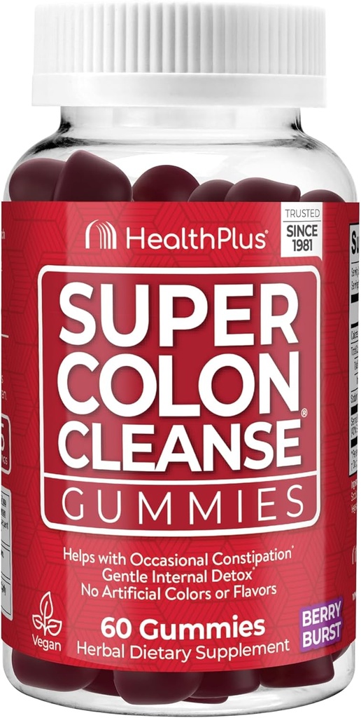 Υγεία Plus Super Colon Cleanse Gummies 15 Ημέρα προσφοράς του Gentle Overnight Ανακούφιση από την περιστασιακή δυσκοιλιότητα, φυσικό εκχύλισμα φύλλων Senna, συμπλήρωμα διατροφής, μικτή γεύση μούρου, 60 κόμης