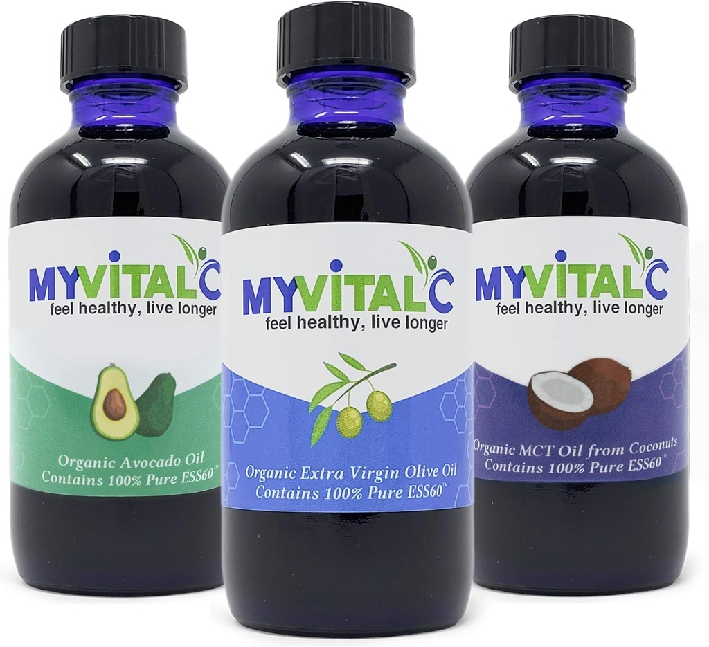 MyVitalC Combo of Organic Ekstra Virgin Zeytinyağı, MCT & Aokado yağı - ESS60 Antioksi Supplement - Anti-Aging, Longevity, Sleep, Energy - 3 Paket