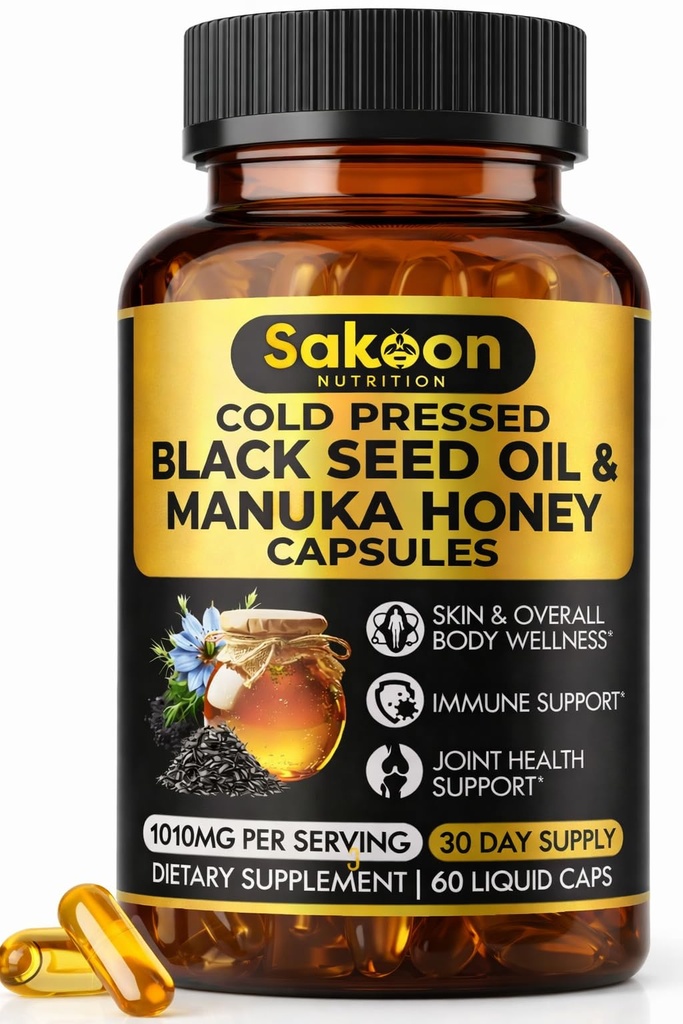 Black Seed Oil Capsules - Yeni Zelanda Manuka Honey, Cold Pressed Turkish Nigella Sativa Oil,% 2 Senmoquinone, Immune & Digestive Support, ABD'de yapılan 60 Kont, 1010 mg