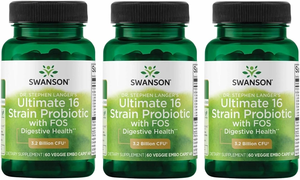 Swanson Dr. Stephen Langer's Formula - Natural Probiotic w/Prebiotic FOS - 16-Strain Supplement Promoting Digestive Support w/ 3.2 Billion CFU per Capsule - (60 Veggie Capsules) 3 Pack