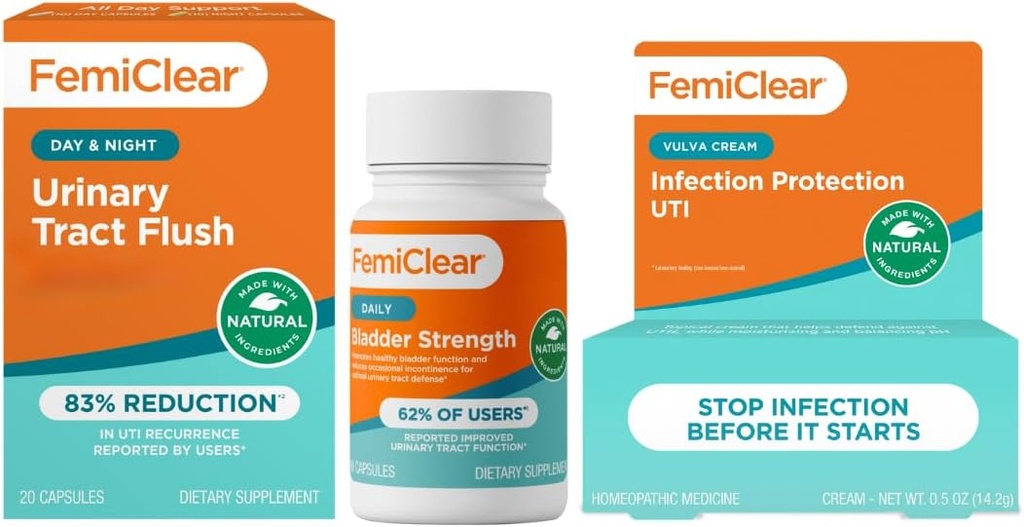 FemiClear - Day & Night Urinary Support - Bladder Strength Supplement - Enfeksiyon Koruma Vulva Krem, Urinary Tract Enfeksiyonlarına Karşı Koruma- ABD'de Üretilen