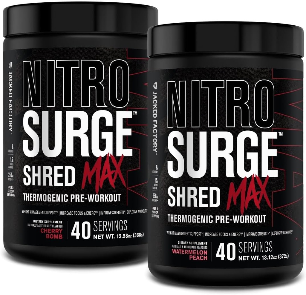 Jacked Factory Nitrosurge Shred Max Preworkout - High-Performance Thermogenic Pre Workout Powder with L Citrulline, Acetyl L Carnitine, Organic Caffeine - 80 Servings, Cherry Bomb & Watermelon Peach