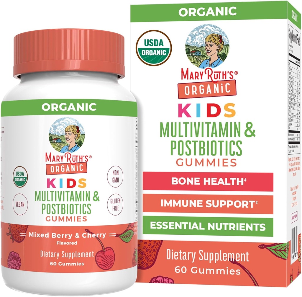MaryRuth Organics Kids Vitamins | USDA Organic | Multivitamin Gummies + Postbiyotiks for Ages 4+ | Lactobacillus Rhamnosus | Vegan | Non-GMO | 60 Count
