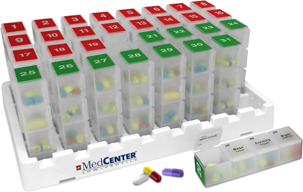 MedCenter Monthly Pill Organizer 4 Times a Day, 31 Günlük İlaç Maske veya Lock Box için 31 Pill Kutu ve 4 Günlük Karşılaştırma Hediye Anne, Baba, Yaşlı ve Yaşlılar için Hediye