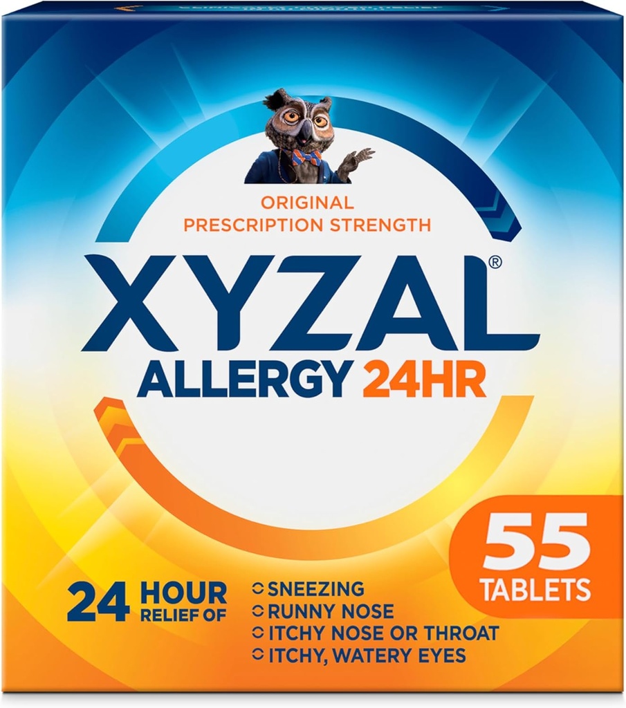 Xyzal 24 ώρες Αλλεργική θεραπεία ανακούφισης, Αρχική συνταγογραφούμενη δύναμη Αντιισταμινικό, Λεβοκεριζίνη Διϋδροχλωρική δισκία 5 mg, 55 κόμης