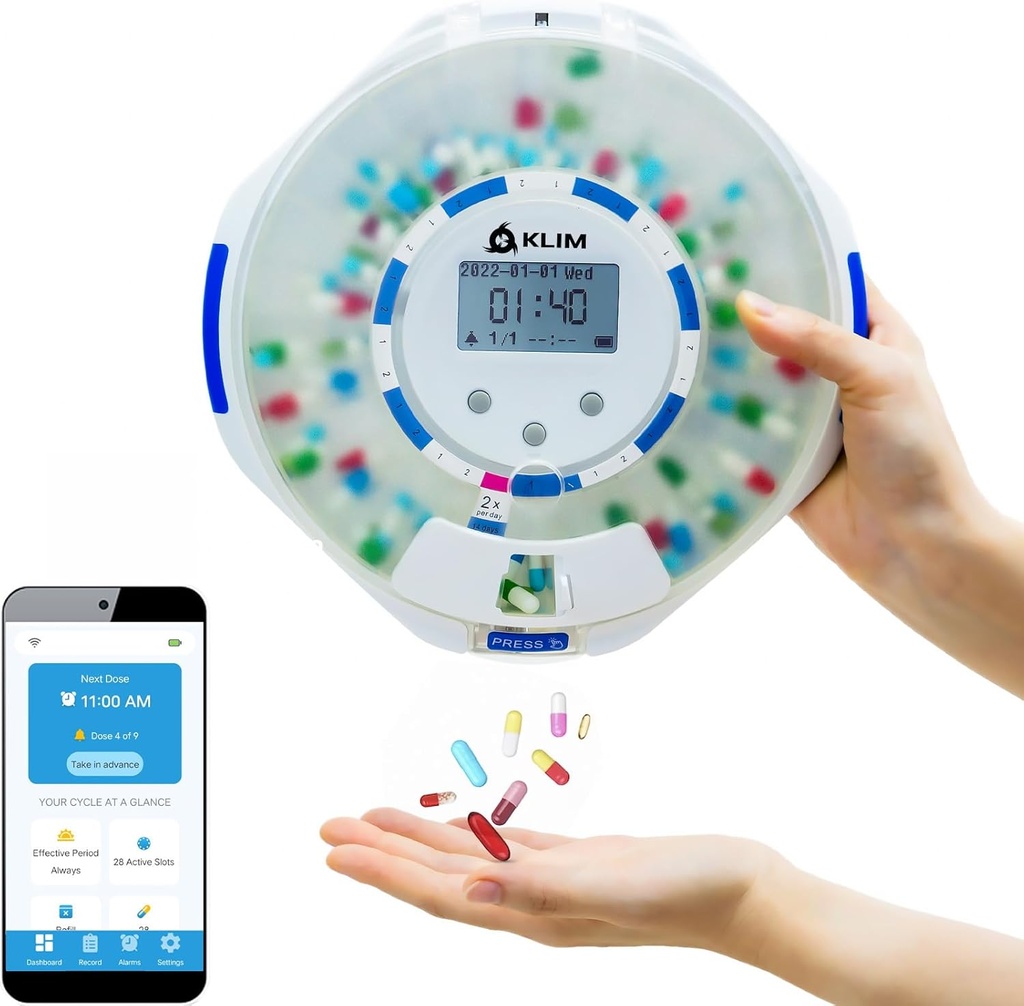 KLIM Akıllı Pill Alarmı - WiFi İzleme App - Yaşlı ve Alzheimer Bakım Için 28 Günlük Otomatik Tıp Işığı - Lock Key - Yeni Version