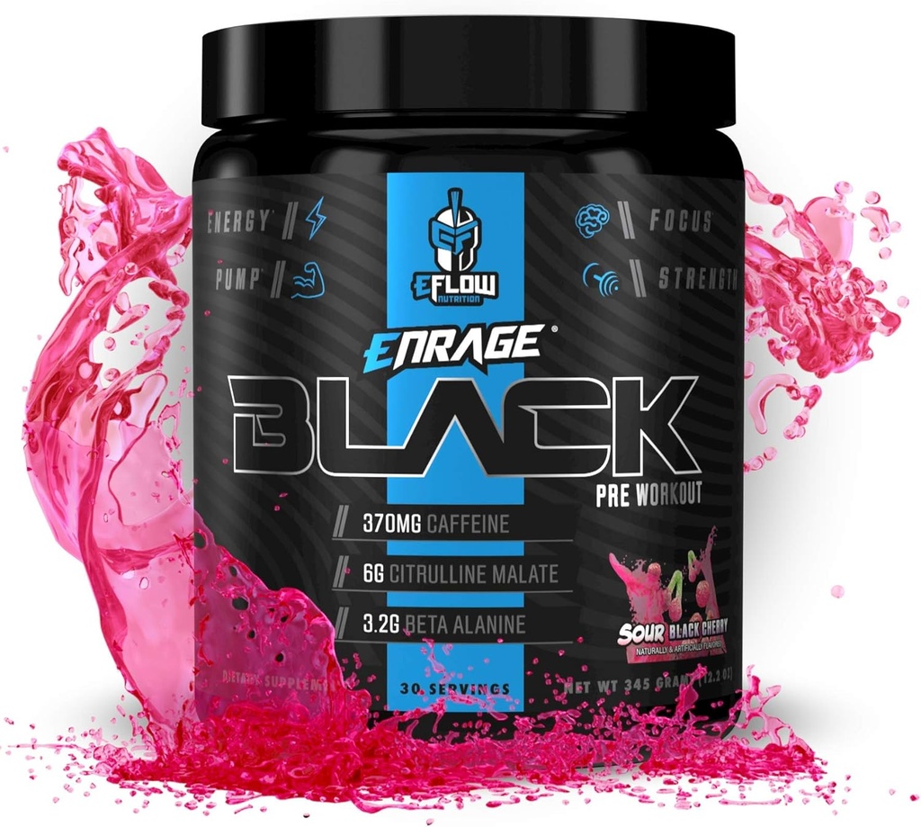 eFlow Beslenmesi Siyah Yüksek Stimulant Pre Workout Supplement - Preworkout Toz to Boost Energy, Pumps and Strength - 4 Flavors (30 Servisler) (Sour Black Cherry)