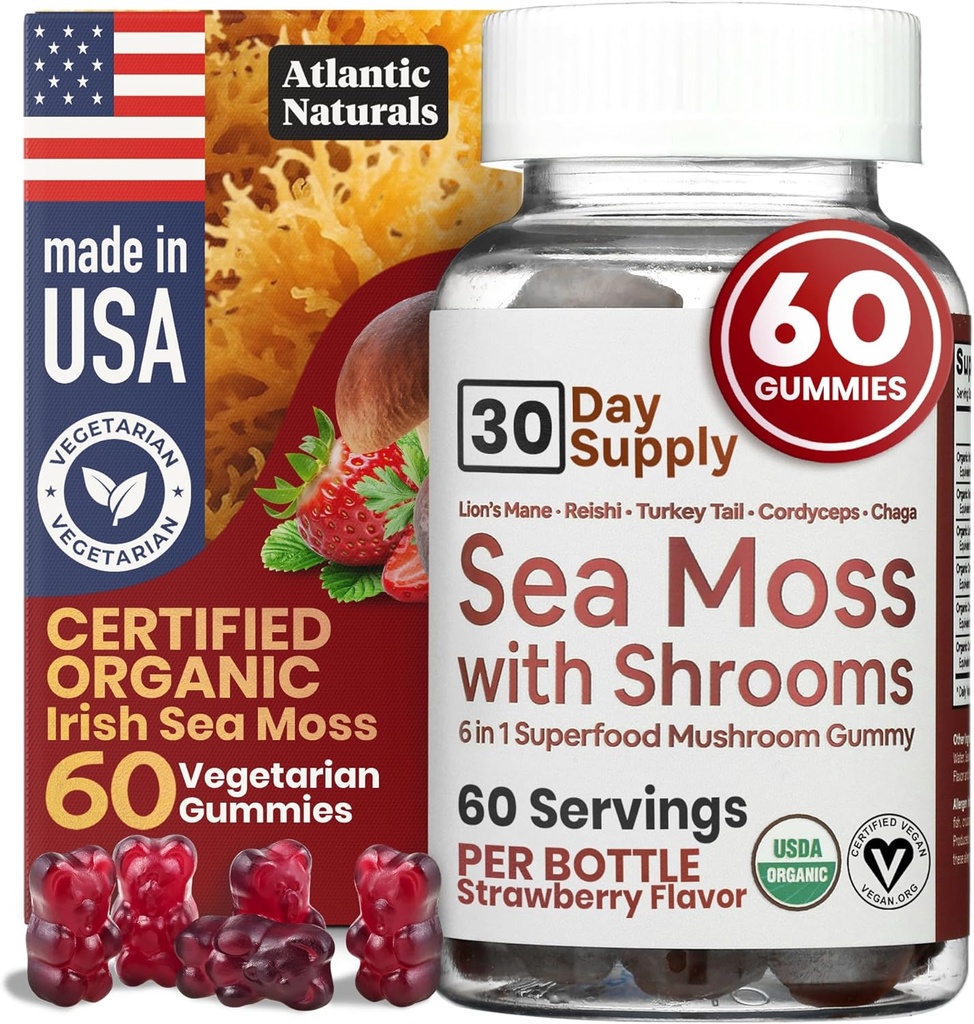Sea Moss Gummies with Lions Mane Mushroom - Sea Moss Gel Εναλλακτική λύση με την ιρλανδική Moss, Reishi, Cordyceps, Chaga & Turkey Tail Supplement - Focus Gummy χωρίς καφέ- 60 ct