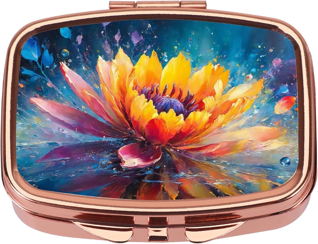 Dynippy Pill Case Pill Box with Mirror Retro Pocket 2 Karşılaştırmalı Tıp Davası Pill Organizer for Pocket Purse and Travel (Rose Gold - Renkli Çiçek)