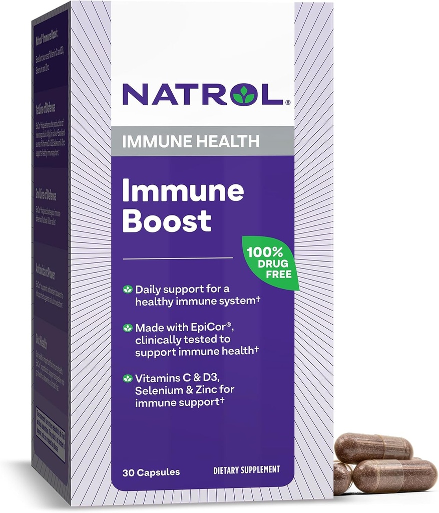 Natrol Immune Boost Capsules, Immune Support Diyetary Supplement, Made with EpiCor Clinicly Tested, Vitamins C, D3, Selenium ve çinko, 30 Count