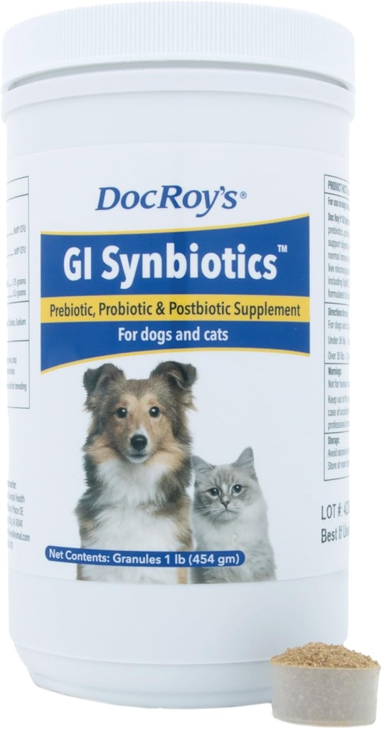 Doc Roy’s GI Synbiotics Probiotic & Prebiotic Granules for Dogs & Cats – Digestive & Immune Health Supplement with Live Cultures, BgMOS & Beta Glucans – Chicken Flavor – 454g Granules