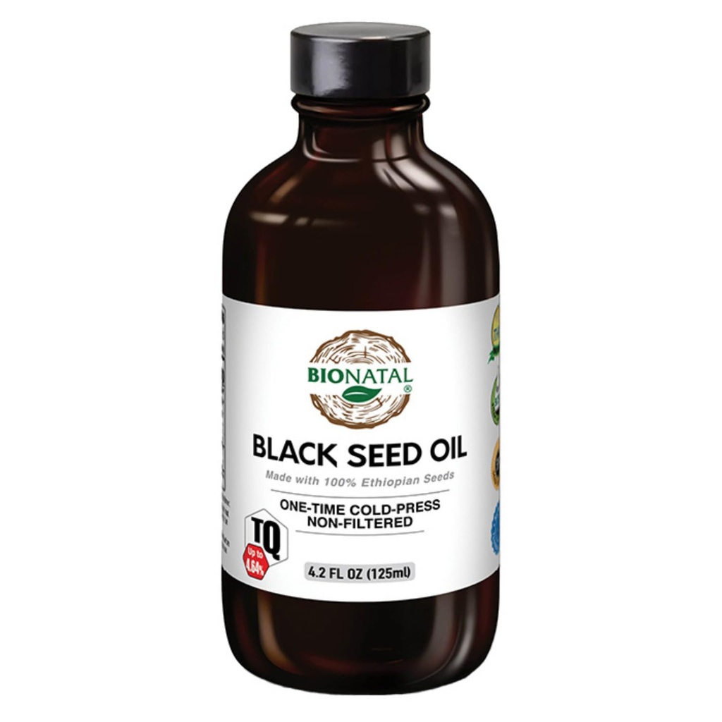 BioNatal Etiyopyalı Siyah Tohum Petrol 4.2oz Glass- Soğuk Basınlı Nigella Sativa Siyah Cumin Tohum Petrolünü Azaltıyor, Unrefined & Non-Filtered, High TQ Up to 464% - Supports Immune System, Digestion & Commons