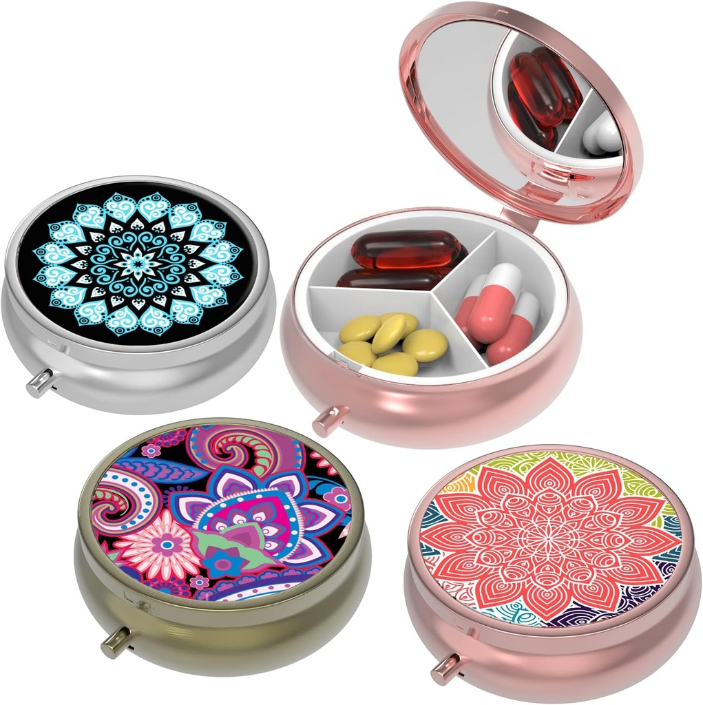 Küçük Pill Box,Pill Case for Purse&Pocket,3 Karşılaştırma Seyahat Pill Vaka İlaçları Vitaminler, Pills, Fish Oil ve Earrings, Studs,Round Silver Bronze Rose Gold Gold Gold