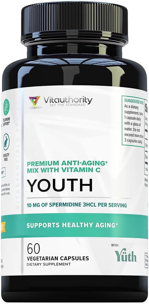 Enhanced Absorption Pure Spermidine Supplement - 99% Standardized Spermidine 3HCL Anti Aging Supplement for Women and Men’s Longevity Brain Telomere Heart Cell and Skin Support - 60 Servings