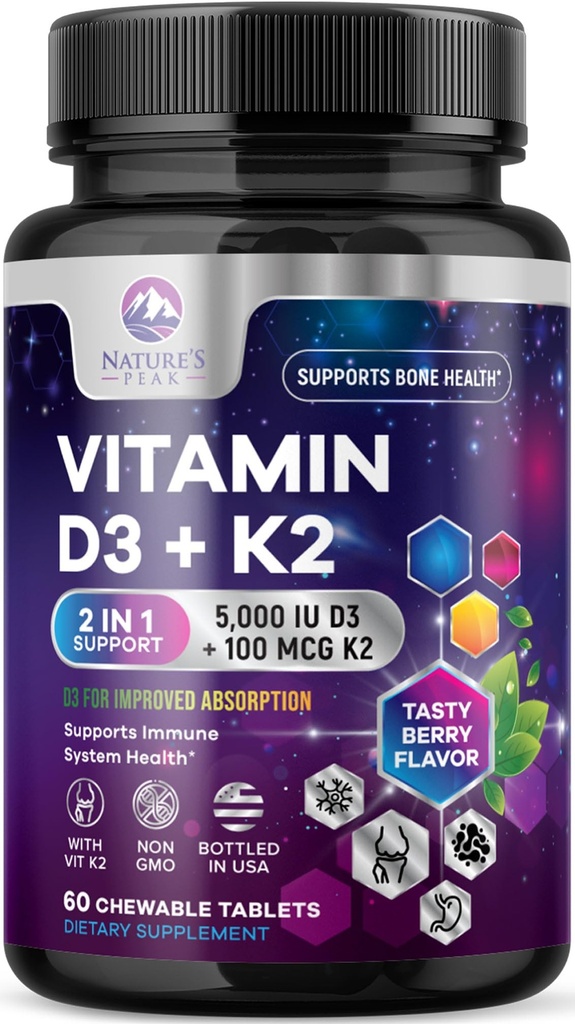 Βιταμίνη D3 K2 - 5000 eu Βιταμίνη D3 & 100 mcg Βιταμίνη K2 (MK-7) Σύμπλεγμα για την Ανοσολογική Υποστήριξη - Οστά, Δόντια και Μυική Υγεία - Berry Chewable, Χωρίς Γλουτένη, Μη ΓΤΟ, Εμφιαλωμένο στις ΗΠΑ - 60 δισκία