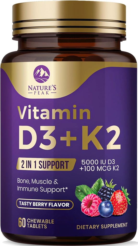 D3 K2 - 5000 iu Vitamin D3 & 100 mcg Vitamin K2 (MK-7) Immune Desteği için Kompleks - Bone, Teeth & Muscle Health Support - Berry Chewable, Gluten Free, Non-GMO, Şişed in USA - 60 Tablet