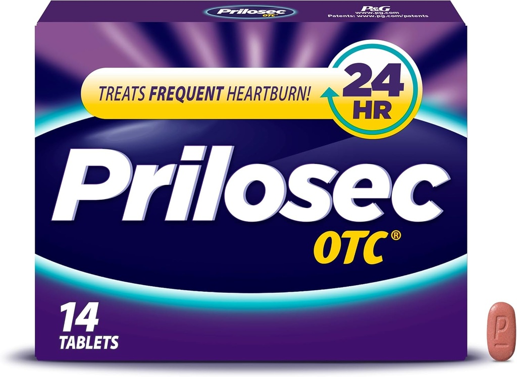 Prilosec OTC, Omeprazole Delayed Release 20mg, Acid Reducer, Treats Frequent Heartburn for 24 Hour Relief, All Day, All Night*, Heartburn Medicine, 20mg, 14 Tablets
