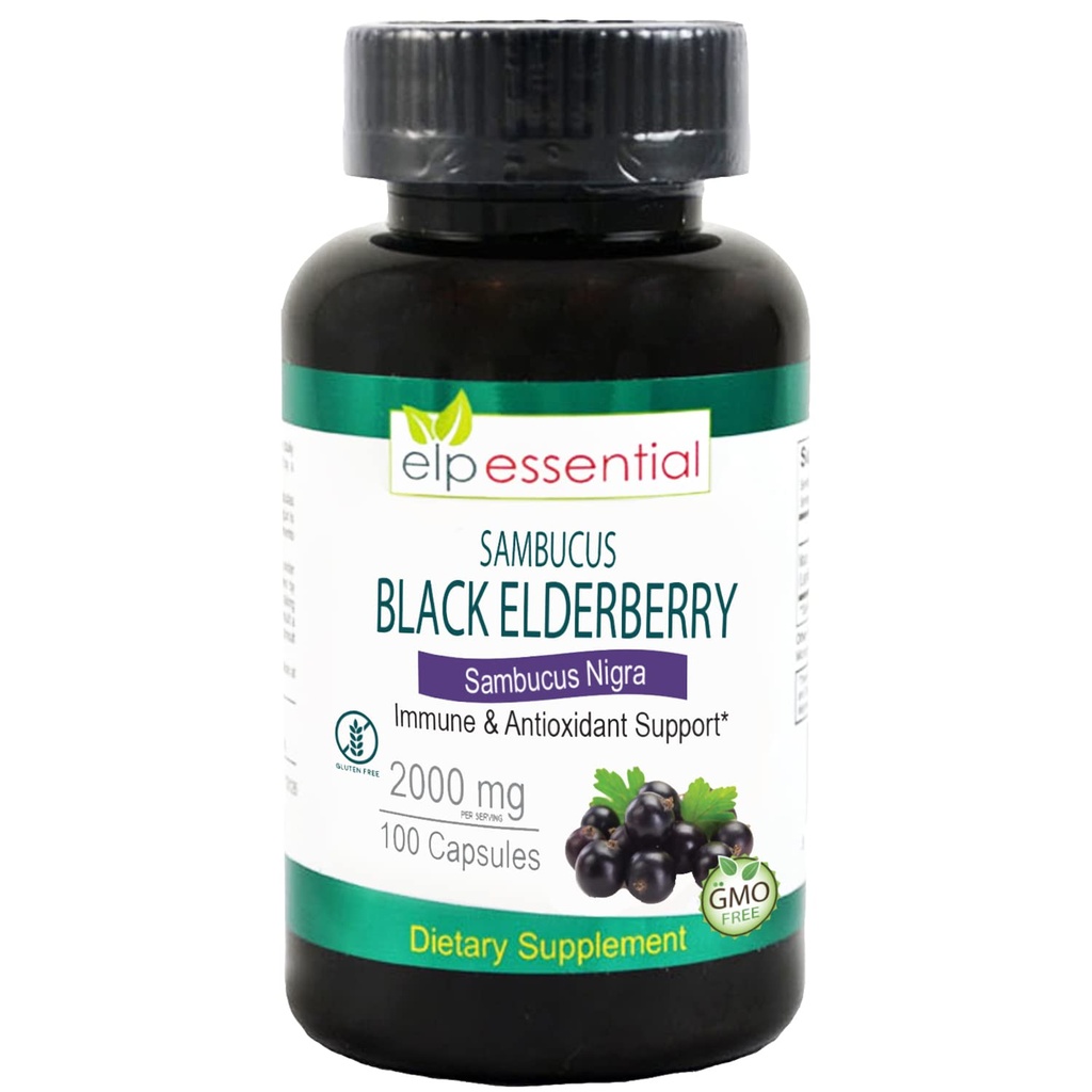 ELP ESSENTIAL Black Elderberry Capsules 2000 mg | 100 Kont | Super Tempd Sambucus Extract,Antioxy ve Immune