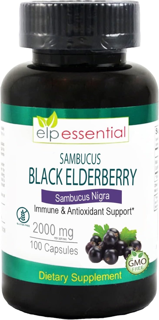 ELP ESSENTIAL Black Elderberry Capsules 2000 mg | 100 Kont | Super Tempd Sambucus Extract,Antioxy ve Immune