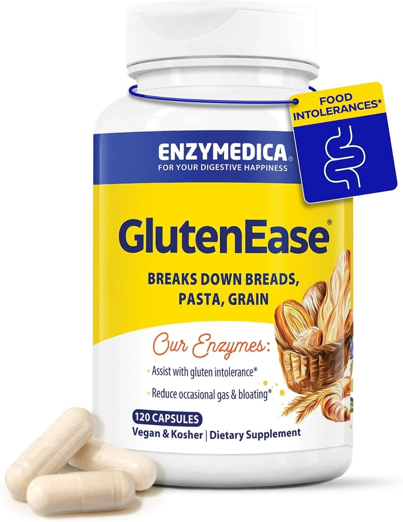 Enzymedica GlutenEase, Advanced Digestive Enzymes for Women and Men, Fast-Active Formula for Bloating Relief & Digestive Health, Helps Break Down Γλουτένη & Καζεΐνη, 120 Κάψουλες FFP