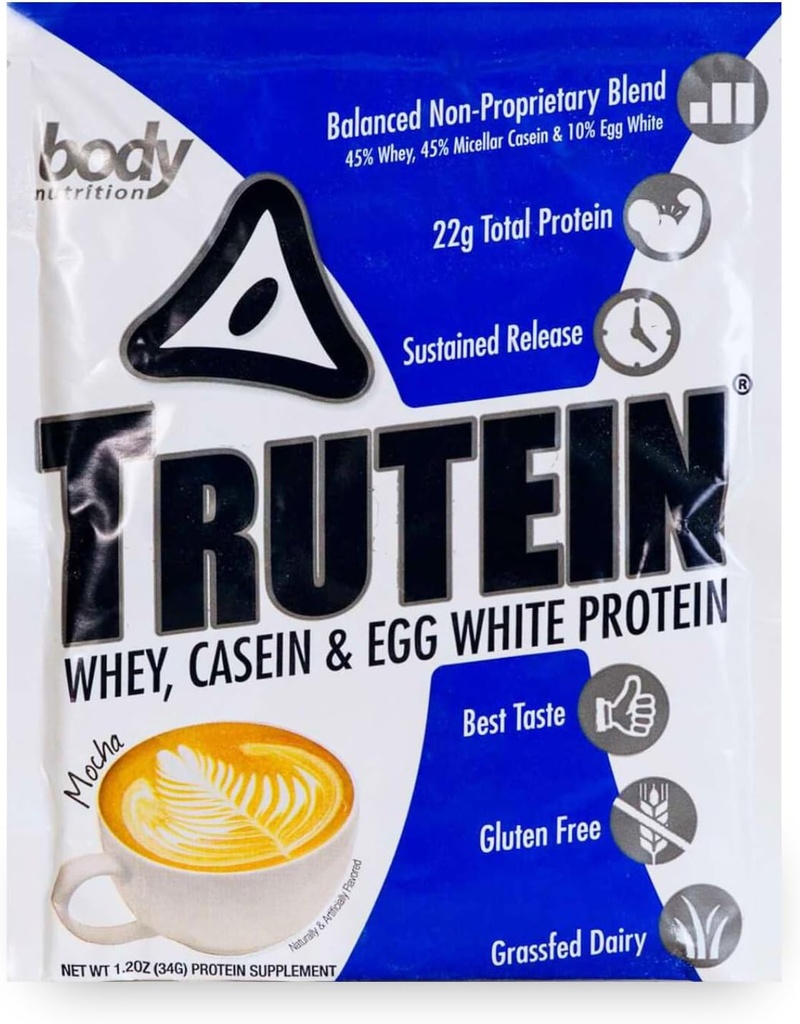 Vücut Beslenme Trutein Yüksek Protein Tozu:% 45 Whey,% 45 Casein,% 10 Egg White, Gluten-Free, Low sodyum, Grass Fed Whey Protein Toz, Gym Supplement & Breakfast Shake, Mocha, 34g Örnek