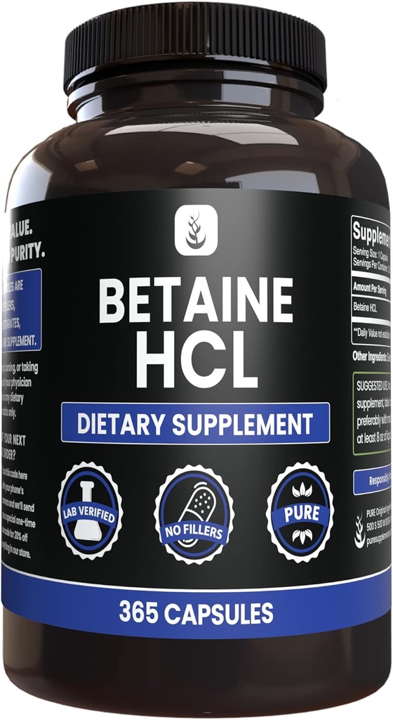 PURE ORIGINAL INGREDIENTS Betaine HCL (365 Capsules) Magnezyum Or Rice Fillers, Always Pure, Lab TY