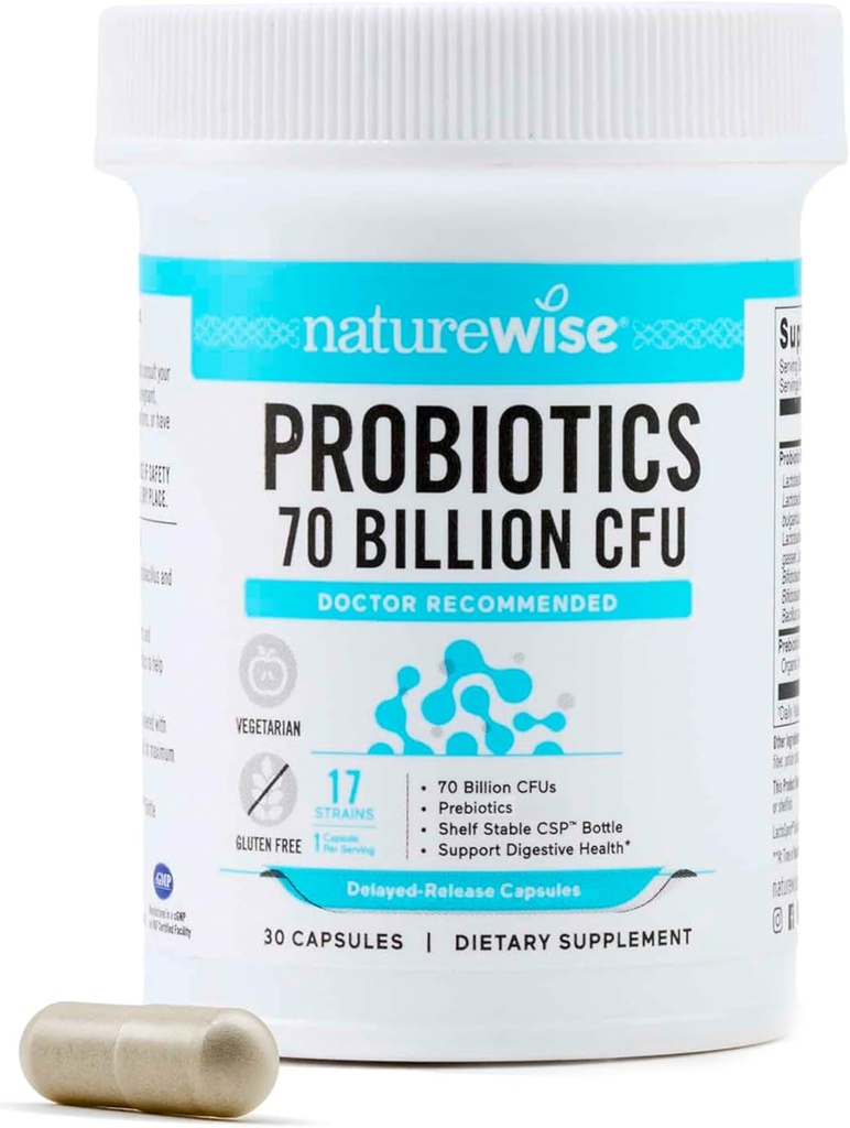 NatureWise Probiyotiks 70 Milyar CFU - 17 Strains + Organik Prebiyotikler - Immune, Digestive & Gut Health Support for Women & Men - Vegetarian, Gluten-Free, Non-GMO - 30 Capsules [Month Supply]