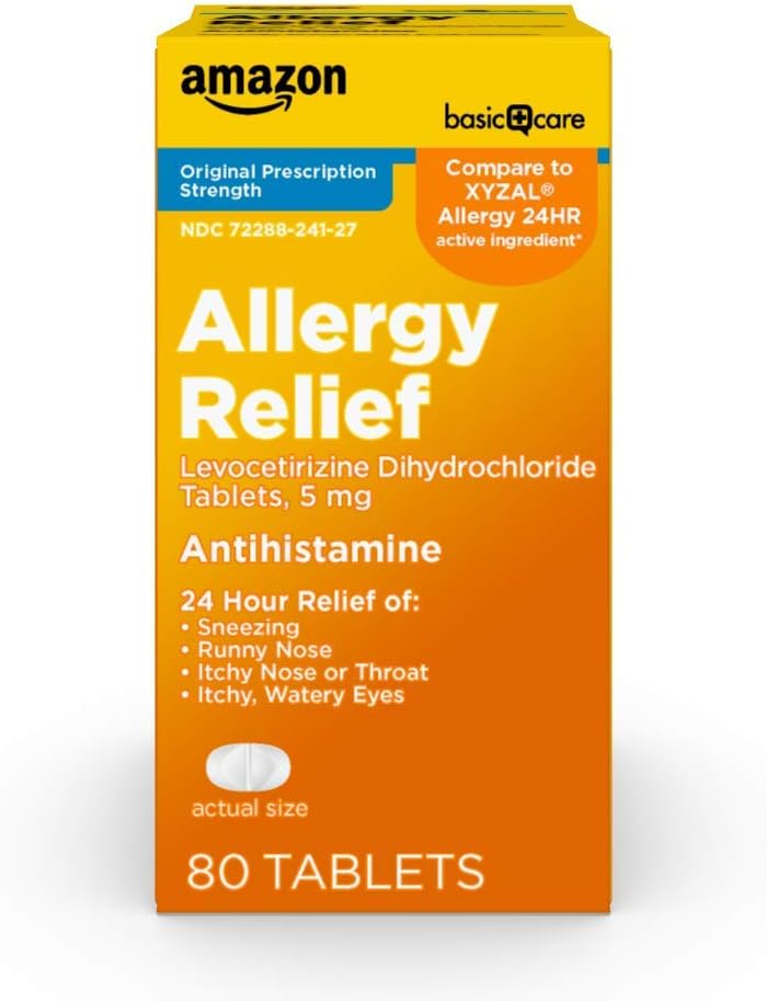 Temel Bakım 24 Saat Alerji Yardımı, Levocet Regine Dihidrchloride Tabletleri, Sneezing için 5 mg Antihistamin, Runny Nose, Itchy Nose veya Throat ve Itchy, Watery Eyes, 80 Count Pack