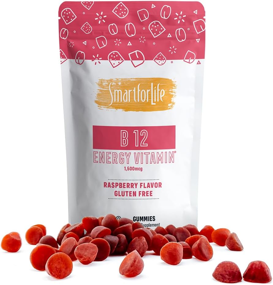 B12 Gummy Vitaminleri - Yetişkinler ve Çocuklar için 1500 mcg B12 Gummies - Enerji, Metabolism, Bone Nervous System Support - Raspberry Flavor - 60 Count - 60 Day Supply