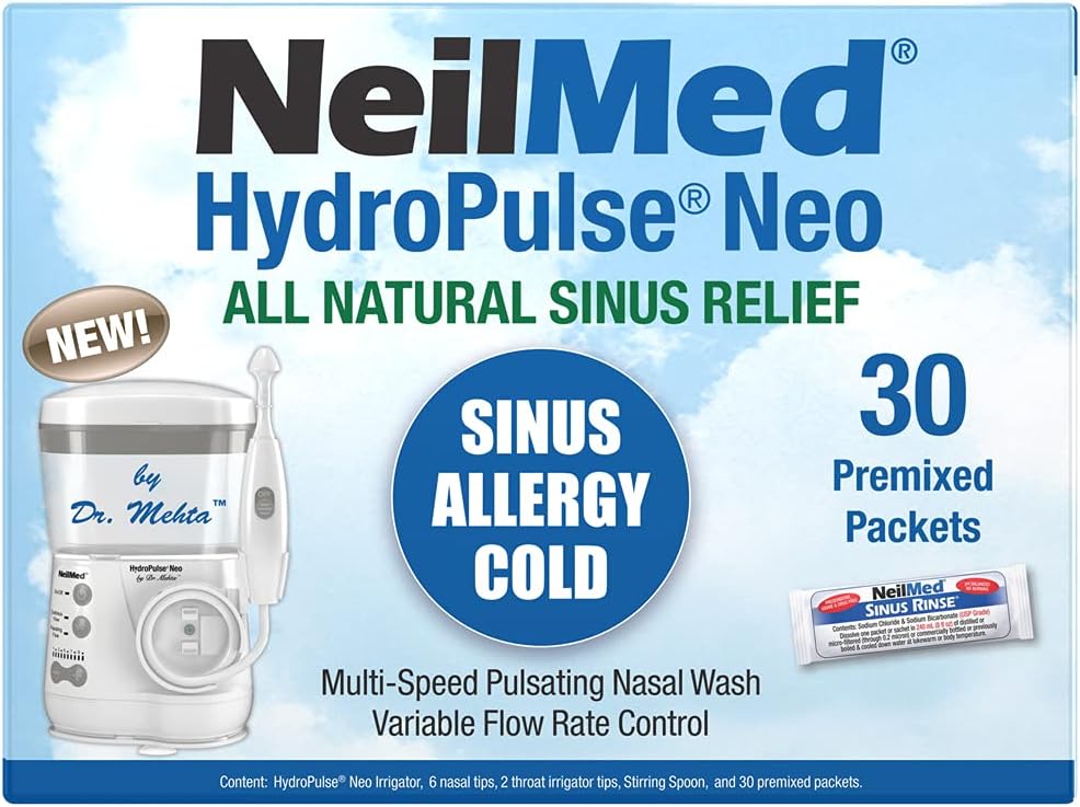 NeilMed HydroPulse Neo. Πολυτάχυτο ηλεκτρικό παλλόμενο σύστημα άρδευσης ρινικού κόλπου με 30 Sinus Rinse Premixed Packets.
