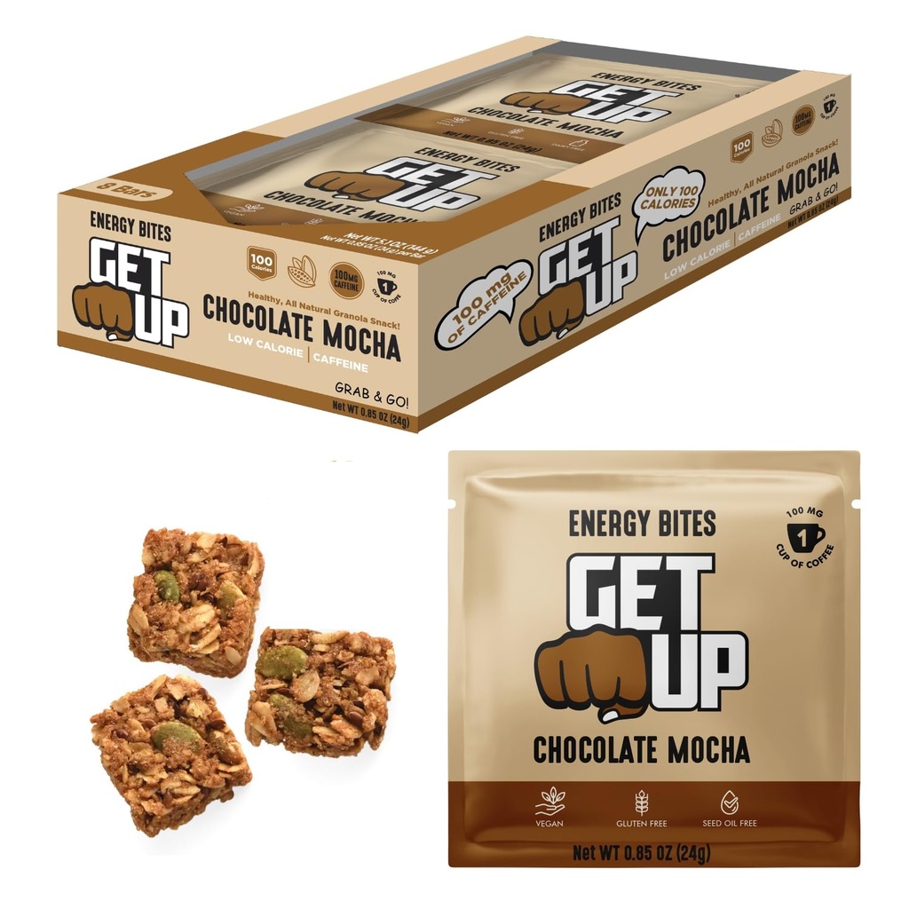 GetUp – Caffeinated Granola Bites - Σοκολάτα Mocha (10 Pack) – 100mg Caffeine Energy Bites – Χαμηλή θερμίδα, χωρίς γλουτένη, 0 σπορέλαια – Φορητή σνακ πριν την προπόνηση – Υποκατάστατο καφέ - Χαμηλή ενέργεια ζάχαρης