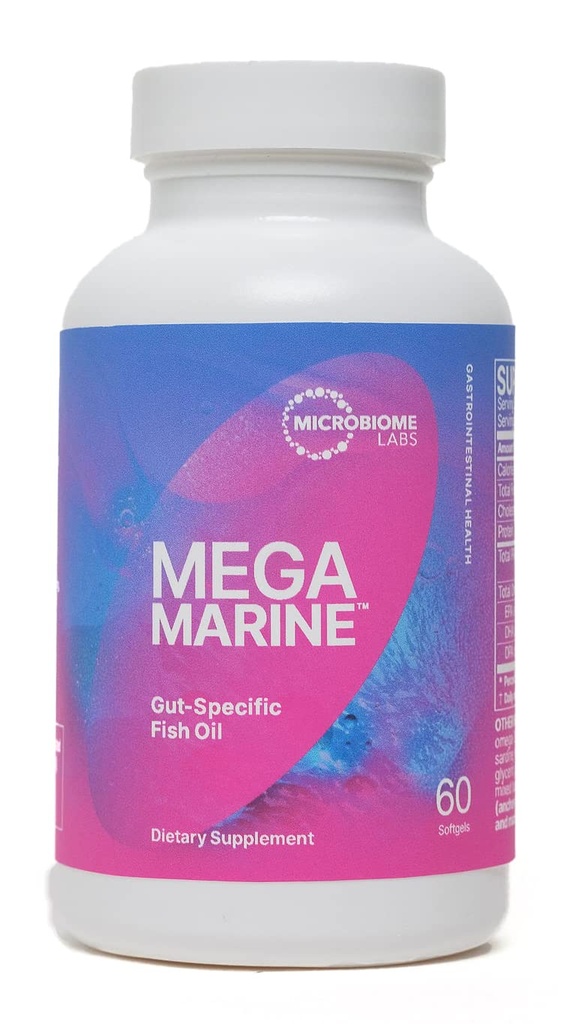 Microbiome Labs MegaMarine Omega 3 Fish Oil Συμπληρώματα - Gut-ειδικό συμπλήρωμα EPA DHA Omega 3 με DPA για την υγεία των ούλων - Υποστήριξη ανοσοποιητική & φραγμός των ούρων λειτουργία (60 Softgels)