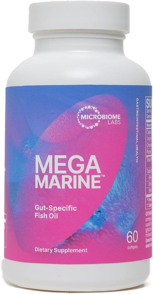 Microbiome Labs MegaMarine Omega 3 Fish Oil Συμπληρώματα - Gut-ειδικό συμπλήρωμα EPA DHA Omega 3 με DPA για την υγεία των ούλων - Υποστήριξη ανοσοποιητική & φραγμός των ούρων λειτουργία (60 Softgels)