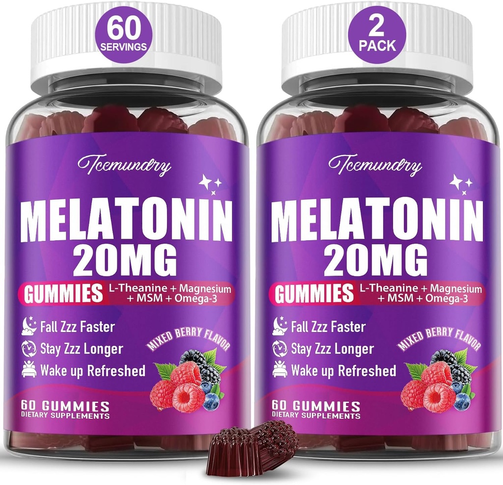 Μελατονίνη Gummies 20mg για ενήλικες - Μέγιστη δύναμη Μελατονίνη Gummies με L-Θεανίνη, Μαγνήσιο, Omega-3, MSM, D3 & Ψευδάργυρος - Μη-Σχηματίζοντας, Vegan, Μη GMO, Φυσικό Μεικτό άρωμα μούρου