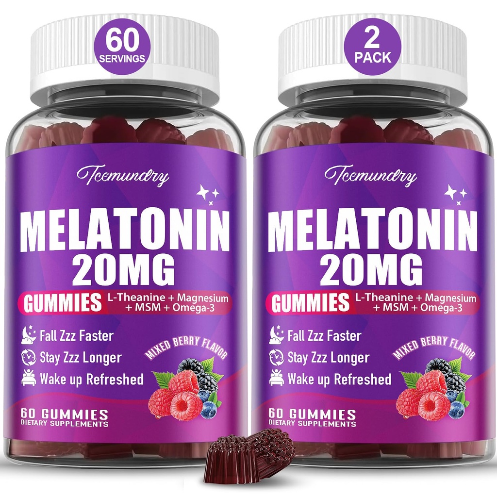 Melatonin Gummies 20 mg for Yetişkinler - L-Theanine, Magnezyum, Omega-3, MSM, D3 & çinko - Non-Habit Form, Vegan, GMO, Natural Karma Berry Flavor